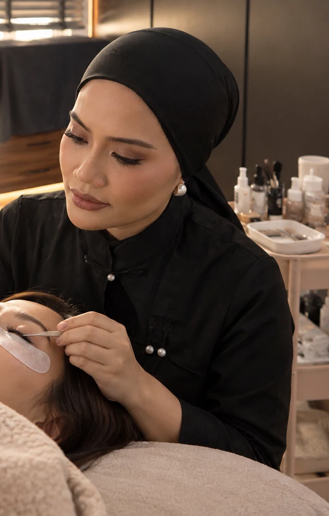 Illustrative scene of a hijab-wearing lash technician providing a relaxing lash treatment in a private home studio