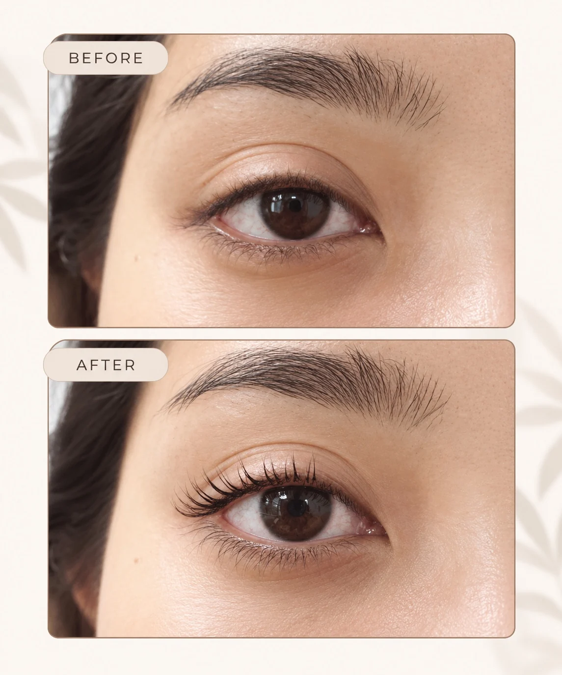 Before and after comparison of lash lift results